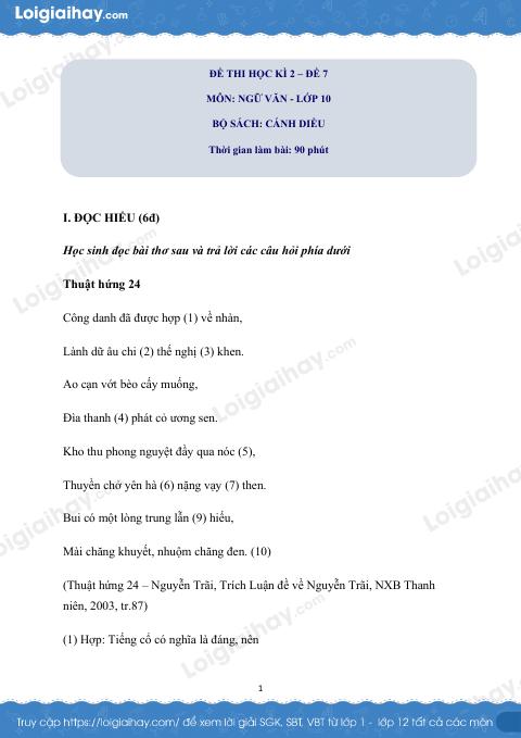 Đề thi học kì 2 Văn 10 Cánh diều - Đề số 7